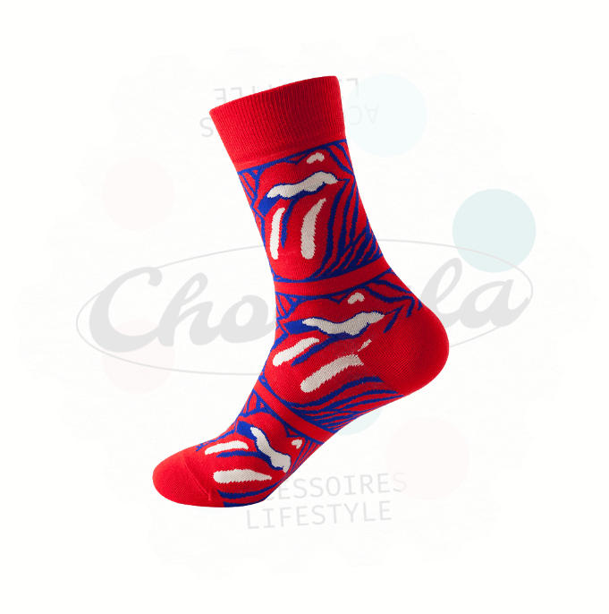 Chaussettes fantaisie Rolling Stones avec design rouge et bleu, emblème iconique des lèvres et langues.