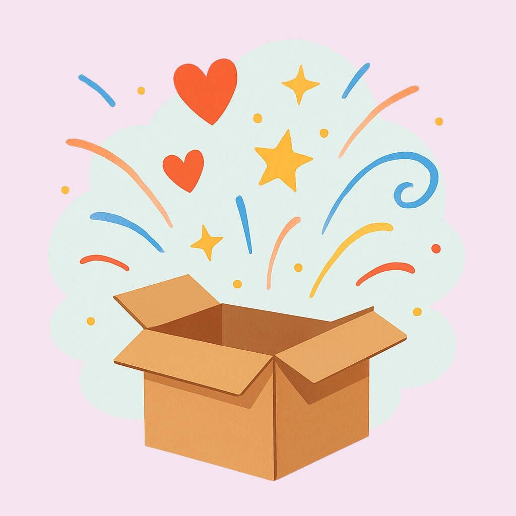 Illustration d'un carton ouvert avec des coeurs, etoiles et confettis jaillissant, symbolisant la joie, la surprise et le plaisir d'une commande