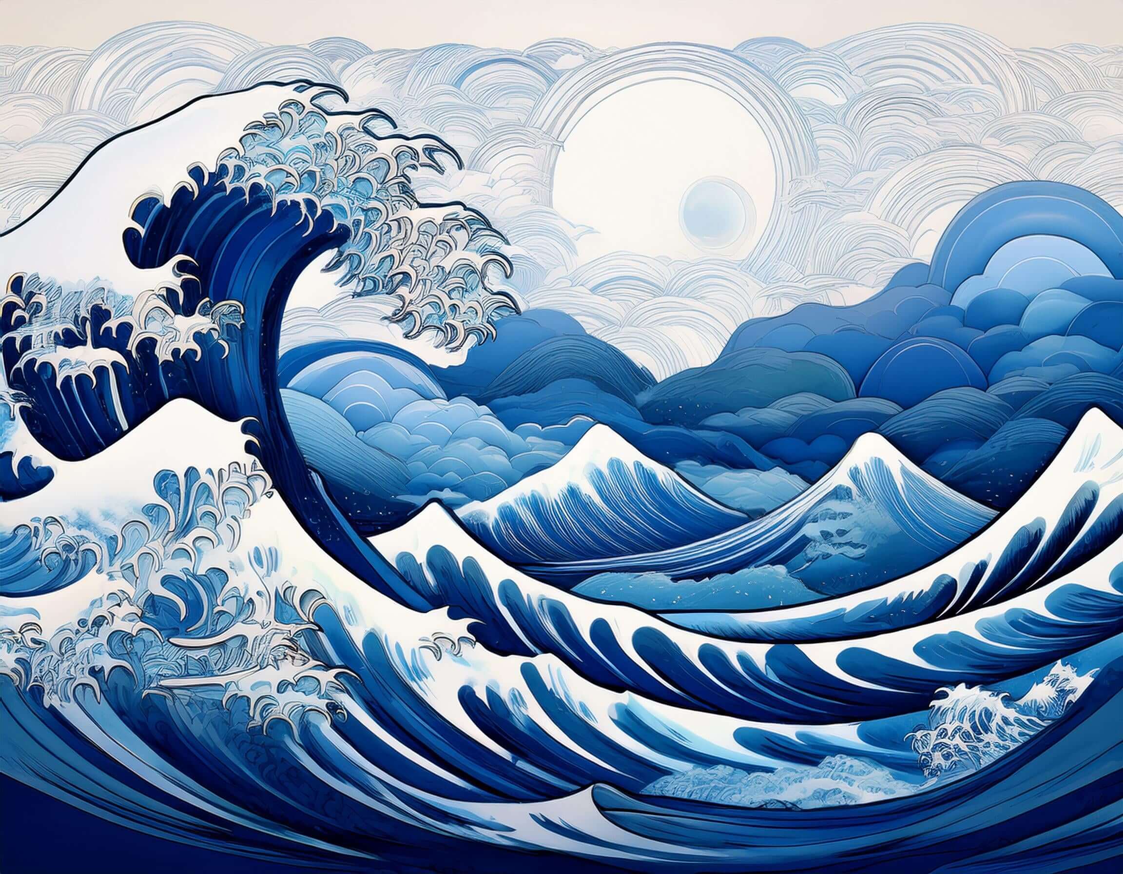 Illustration de vagues océaniques dans des tons de bleu, capturant une scène marine dynamique avec des nuages stylisés et un soleil.